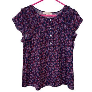 LOFT Petites Floral Print Button Front Ruffled Sleeve Blouse L